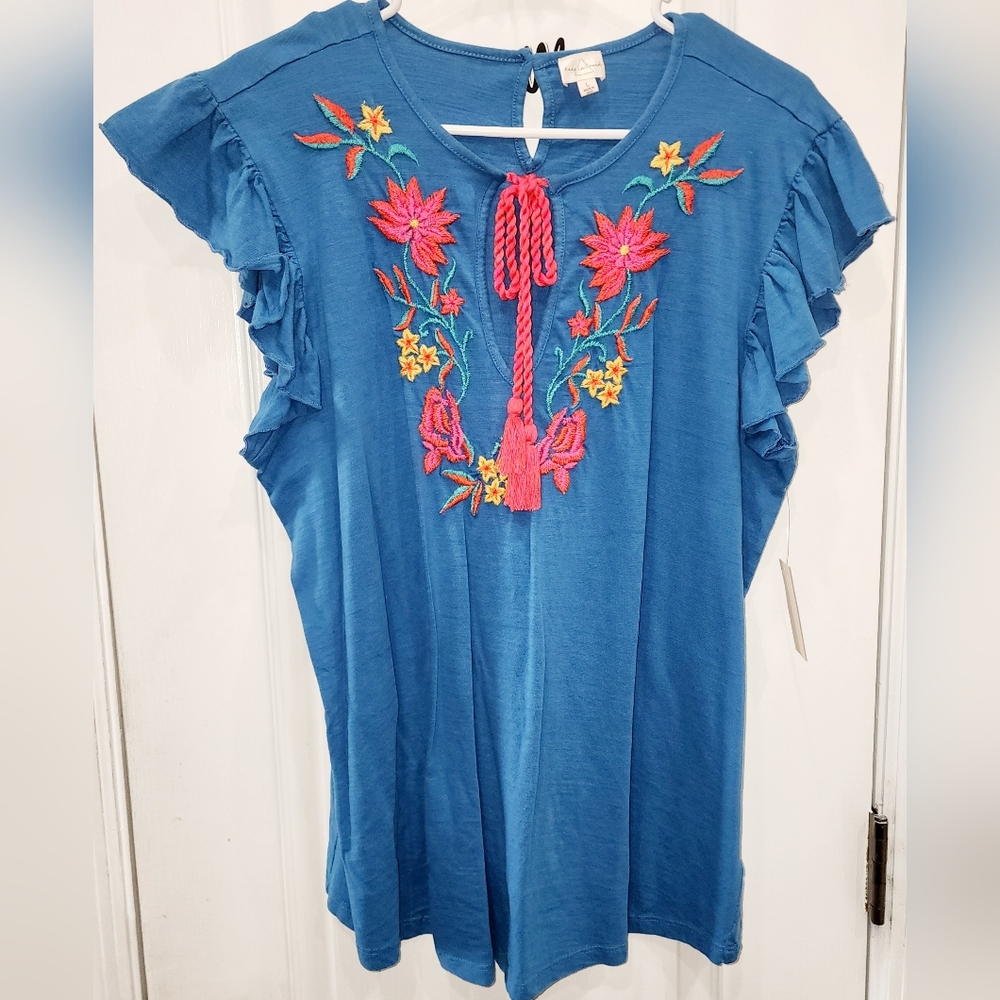Keep In Touch Women's Blue Embroidered Tie-Front Shirt Size large